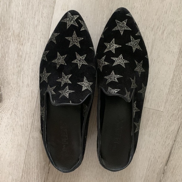 The Flexx Sisley‎ stars print Mules suede leather festive sz 8 1/2 sparkly black - Picture 9 of 12